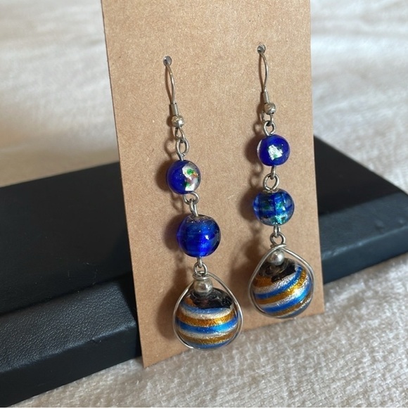 Vintage Glass Art Deco Ball Drop Dangle Blue Metallic Earrings - Picture 2 of 6